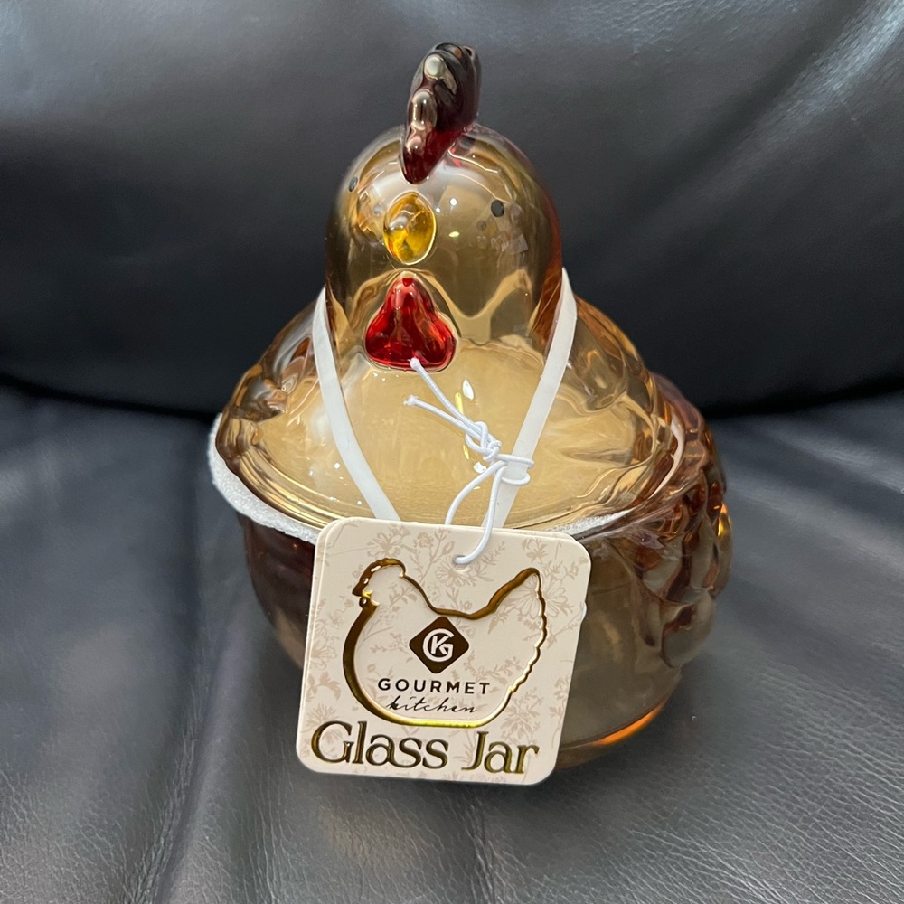 Glass Chicken Shaped Canister Jar with Lid Clear Yellow 15.9 oz/ 470 ml.